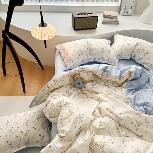 Covebett Bettwäsche 135x200 Blau Weiß Blumen Blümchen Botanisch Muster Wendebettwäsche Set Aesthetic Blüten Blumenwiese Pflanzenmuster Mikrofaser Bettbezug Reißverschluss und Kissenbezug 80x80cm