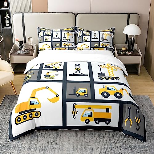 Loussiesd Jungen BAU 100% Baumwolle Bettwäsche Set 200x200cm Kinder Cartoon Machinery Truck Betten Set für Kinder Mädchen Schlafzimmer Baustelle Auto Vehie Dekor Bettbezug Set mit 2 Kissenbezug