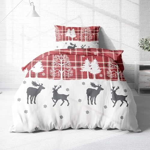 Träumschön Biber Bettwäsche Set 2tlg 135x200 cm + 80x80 cm – Flauschige Winterbettwäsche Rot – Weiche Winterbettwäsche mit Rentieren - Atmungsaktiv, Warm & Hautfreundlich - 100% Baumwolle