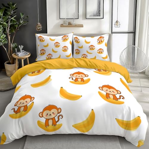 Bettwäsche-Sets 155 x 220 cm Cartoon Tiere AFFE Banane Microfaser Bettwäsche Set Bettbezug, mit Reißverschluss Weich und Bügelfrei, Gelb, für Kinder Mädchen