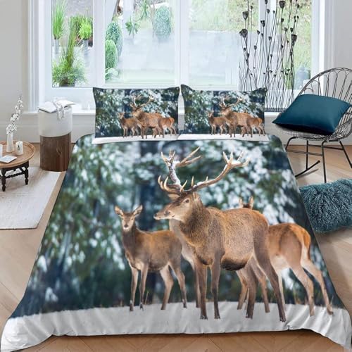 Bettwäsche 140x200 cm Elch 3 Teilig Bettbezug 140 x 200 Verschneite Wiese Bettwäsche-Sets 3D Weiche Mikrofaser Bettbezug Set mit Reißverschluss + 2 Kissenbezüge h-2169