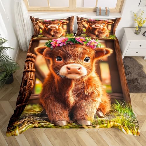Homewish Süße Braune Kuh Bettwäsche 135x200 Kinder Blumen Highland Rinder Bettbezug Kawaii Baby Kuh Blumen für Jungen Mädchen Bettwäsche Set Western Farm Tier Bettset 1 Kissenbezug Schlafzimmerdekor