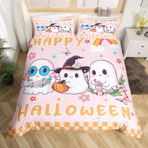 feelingyou Glückliche Halloween Bettdecke Set S Größe, Kawaii Ghost Cute Rainbow Reversible Quilt Cover Pink Floral Orange Schecked Bettwäsche Set mit 1 Kissenbezug, Keine Decke