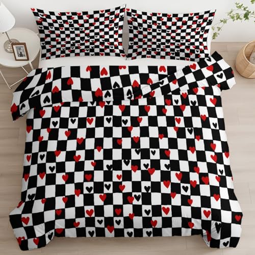 Srigzcaly Mehrfarbig Bettwäsche-Set, Schwarz Weiß Kariert Rot Herz Wendebettwäsche mit Reißverschluss - 1 Weich & Bügelfrei Microfaser Bettbezug 135 x 200 cm + 2 Kissenbezügen 80x80