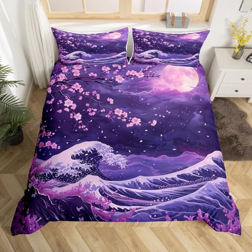 Homewish Lila Kirschblüte Bettbezug,Violett Japanischer Stil Bettwäsche Set 155x220,Ozean Wellen Mond Bett Set,Marine Küste Thema Raum Dekor mit Reißverschluss