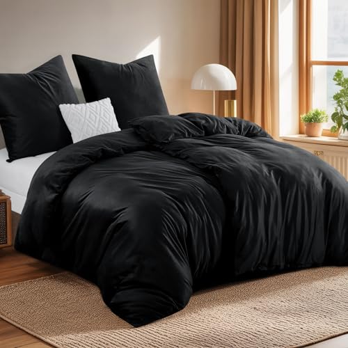 Tifschlaf Winter Flanell Bettwäsche 135 x 200 4teilig - Warme Flauschig Winterbettwäsche Samt Plüsch Cashmere Touch Bettbezug 2er Set und 2 Kissenbezüge 80x80 mit Reißverschluss, Schwarz