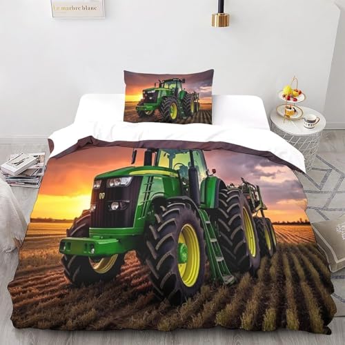 BJCJGGL Bettwäsche 135x200 Landwirtschafts Traktor Bettwäsche-Set mit Reißverschluss Schließung und 2 Kopfkissenbezug 80x80 cm - Weicher Atmungsaktive Mikrofaser Bettbezug für Kinder Mädchen