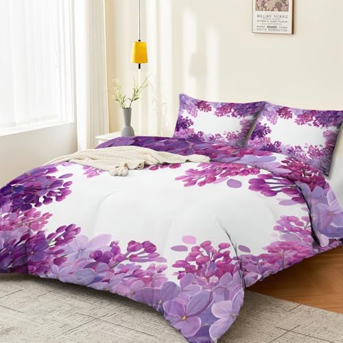 Generisch Bettwäsche 200 x 200 cm 3 teilig, Blumen Flieder Bettwäsche-Sets mit Reißverschluss - Microfaser Weiche Bettbezug mit 2 Kissenbezüge Weiß