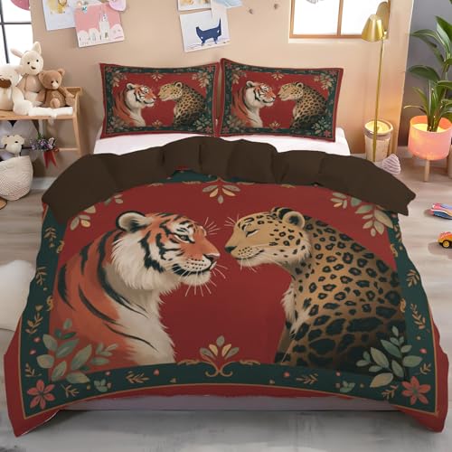 JEDTAKCT Bettwäsche 200X200Cm Vintage Tiger Leopard, Weiche Bügelfreie Mikrofaser Bettwäsche-Sets Tierbordüre Mit Reißverschluss, Enthält Bettbezug Und 2 Kissenbezug 80X80, Burgunderrot