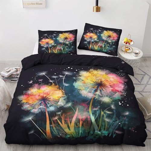 Pusteblume Bettwäsche 135x200 Winter - Bunte Blumen Bettbezug 135 x 200 2er Set, Wendebettwäsche und Kissenbezug 80x80, Weiche & Angenehme & Warme Mikrofaser Bettwäsche-sets mit Reißverschluss