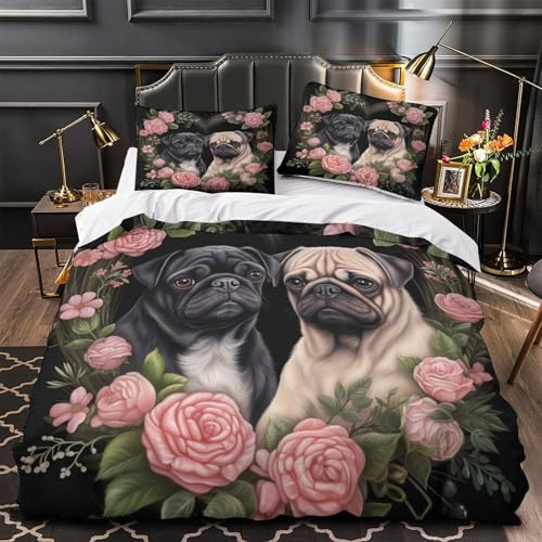 ZZVRMCYLD Bettbezug-Set mit Mops-Motiv, 3-teilig, Mikrofaser, farbecht, Romantisches Blumendesign, Bettbezug, 2 Kissenbezüge, Reißverschluss, Bettwäsche, Jungenzimmer, Einzelbett (140 x 200 cm)