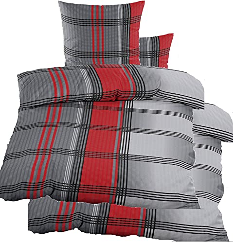 KH-Haushaltshandel 4-TLG. Seersucker Bettwäsche 2X 135x200 +80x80cm, rot grau schwarz kariert, bügelfrei, Microfaser (60348)