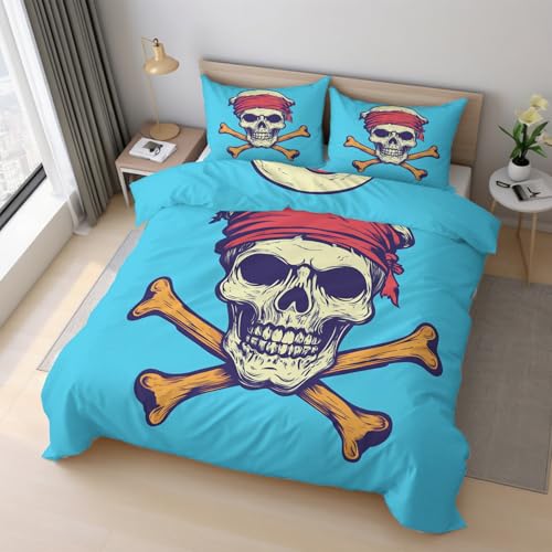 Generisch Pirat Totenkopf Bettwäsche 200x220cm, Blau Schädel Nautisch Bettwäsche-Sets 3 Teilig, Bettbezug + 2 Kissenbezüge 80x80cm Weich Mikrofaser mit Reißverschluss 21D&-30