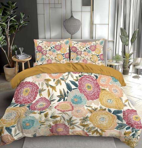 TDNEKMCA Bettwäsche Set Vintage-Blumen Bettbezug 135x200cm Landhausstil 3D-Digitaldruck Bettwäsche-Sets 2 teilig Weiche Mikrofaser Bettbezug mit Reißverschluss und 1 Kissenbezug 80 x 80 cm, Senfgelb