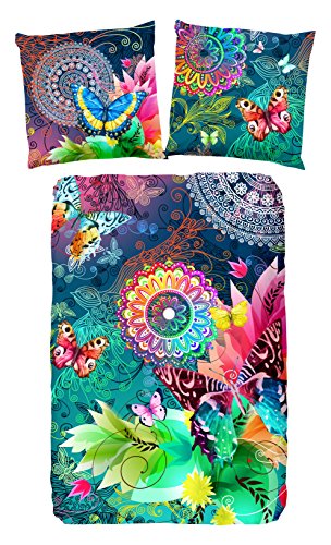 HIP Parada bettwäsche, grau mit farbigen Figuren und Schmetterlinge, 100% Baumwolle/Satin-135x200cm , Satin, Multi Colour, 200x135x0.5 cm