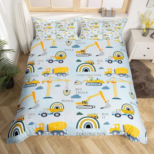 Loussiesd Bagger Bettwäsche Set 135x200cm Jungen Mädchen Baufahrzeuge Bettbezug Set Ultraweiche Mikrofaser Ausrüstung LKW Bettwäsche-Set Cartoon Auto Betten Set Baustelle Autos Bettwäsche