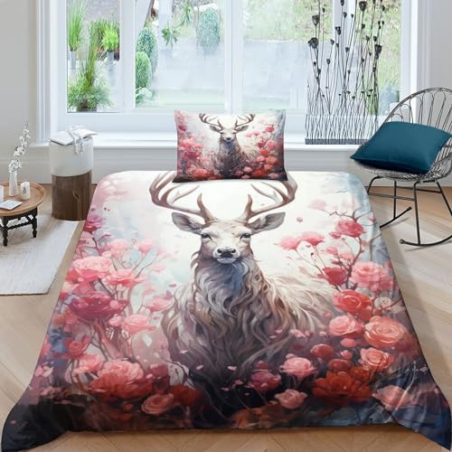 GEEYOU Pink Roses Bed Linen Sets Hirsche Bettbezug Microfaser Baumwolle Bettwäsche Set Mikrofaser Mit Reißverschluss Für Erwachsene Und Kinder Single?135x200cm?