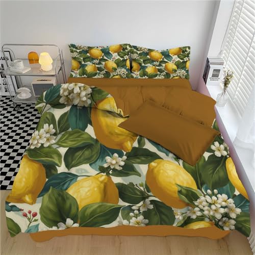 Bettwäsche 240*220cm Kurkuma Zitronenblüten und -blätter Bettbezug Set 3 Teilig Tropische Pflanzen und Früchte Blümchen Blumenmuster Weich Bettwäsche-Sets mit 2 Kissenbezüge und Reißverschluss