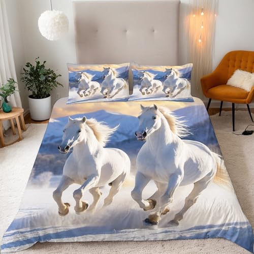 Pferd Bettwäsche 220X240 Tier Bettbezug Junge Mädchen 3D Effekt Teenager Bettwäsche-Set Mikrofaser Bettbezug Mit Reißverschluss Und 2 Kissenbezug 80X80Cm