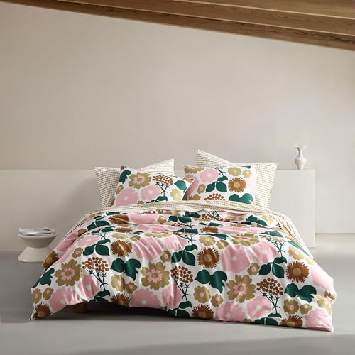 MARIMEKKO - Queen-Bettbezug-Set, Bio-Baumwoll-Bettwäsche mit passenden Kissenbezügen, auffälliges Blumenmuster, GOTS-Zertifiziert (Pieni Kukkatori Pink, Queen)
