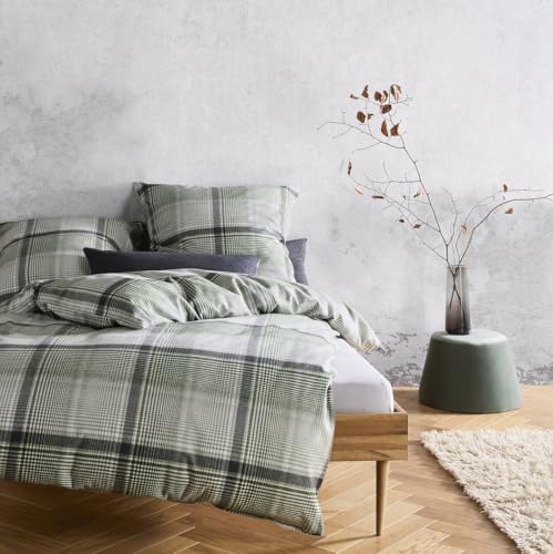 fleuresse Lech Edelflanell Bettwäsche 240x220 Karo grün Silbergrau 604385-15