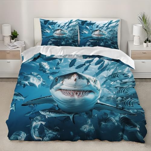 Meerhai-Muster Ultraweicher Bettwäsche Set Mikrofaser 180x200 cm mit Reißverschluss, 3teilig mit 2 Kissenbezügen Hellblau 3D Bettbezug, Komfort Hypoallergen Bettbezüge für Erwachsene Kinder