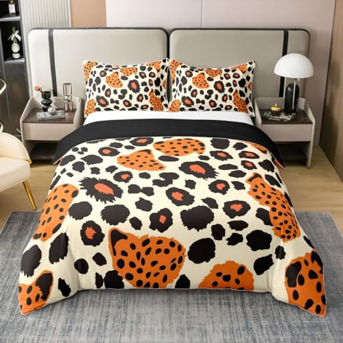 Loussiesd Leopard 100% Baumwolle Bettwäsche Set 135x200cm Tier Druck Bettwäsche Bettbezug Für Jungen Teens Decor Geparden Betten Safari Bettwäsche-Set Orange