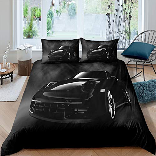 Loussiesd Schwarzes Auto Bettwäsche Set Rennauto Bettbezug Set 135x200cm für Kinder Teenager Erwachsene Atmungsaktive Polyester Sportwagen Bettwäsche Geeignet für alle Jahreszeiten