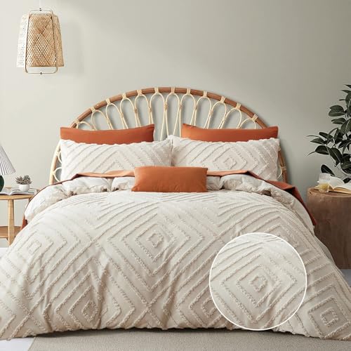 Freyamy Boho Bettwäsche 135x200cm Beige Getuftet Kariert Bettwäsche-Sets Stickerei Shabby Chic Bettwaren-Sets Microfaser Mädchen Deckenbezug 1 Bettbezug mit Reißverschluss und Kissenbezug 80x80cm