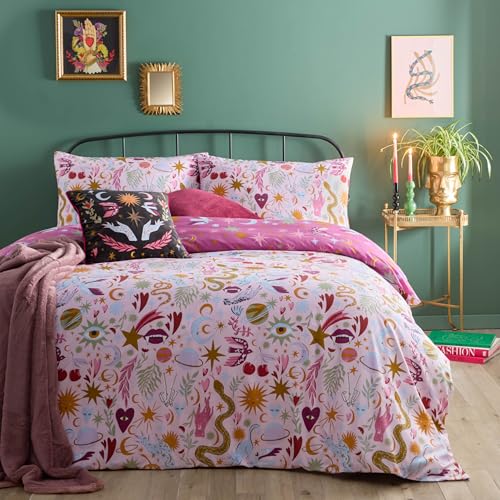 Furn. Enchanted Bettbezug-Set – Wendebettwäsche mit mystischem, himmlischem Design (Rosa – Einzelbett)