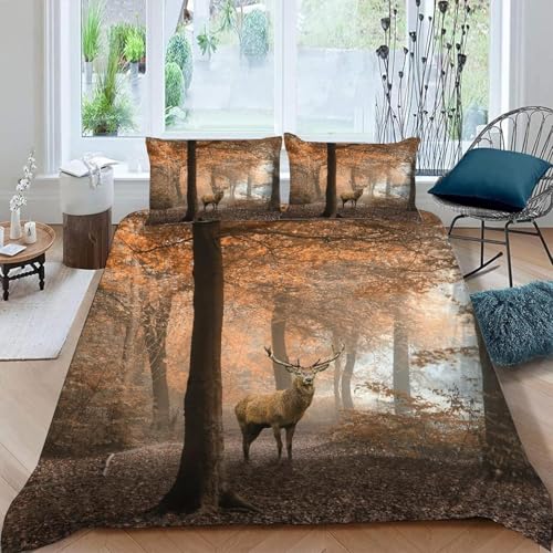 Elch Bettwäsche 155x220 3D Drucken Herbstwald Bettwäsche-Sets Weiche Kuschelig Mikrofaser Bettbezug mit 2 Kissenbezüge 80x80 cm mit Reißverschluss m-2801