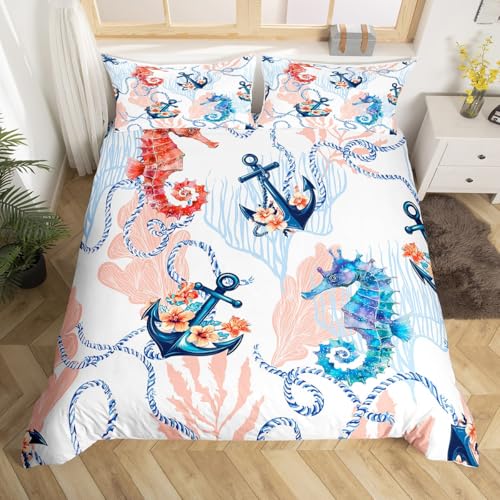 Loussiesd Kinder Seepferd Bettwäsche, Nautischer Anker Bettbezug Set Ozean Meerestier Bettwäsche Set 135x200cm Jungen Mädchen Strand Küste Teenager Bettwäsche-Set Bettbezug 2 Stück
