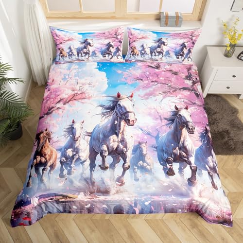 Homewish Mädchen Pferd Bettbezug,Galloping Weiße Pferde Bettwäsche Set 135x200,Aquarell Kirschblüte Bett Set,Westliche Tier Bauernhaus Stil Zimmer Dekor mit 1 Kissenbezug
