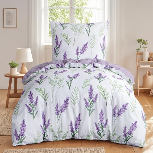 Aisbo Bettwäsche 155x220 Blumen Bettbezug - 2teilig Mikrofaser Bettwäsche-Sets Lavendelmuster Lila mit Reißverschluss, ÖKO-TEX Bettdeckenbezug 155x220cm mit Kissenbezug 80x80cm