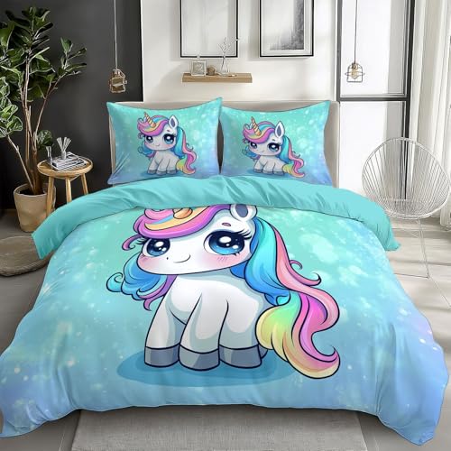 Bettbezug Set 155x220cm Cartoon Einhorn Bettwäsche 3 teilig, Weich Atmungsaktiv Polyester-Baumwolle Bettwäsche-Sets mit 2 Kissenbezügen 80x80cm, für Erwachsen Kinder