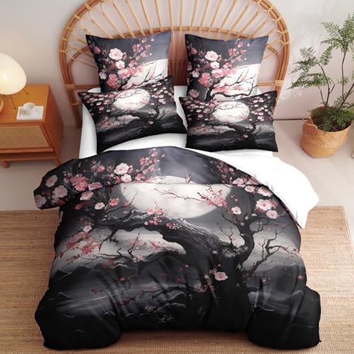 Nyescasa Bettwäsche 135x200 Schwarz Rosa Blumen Bettwäsche Set Japanischen Kirschblüten Pflanzen Muster Wendebettwäsche Weich Mikrofaser Bunt Bettbezug mit Reißverschluss und Kissenbezug 80x80cm