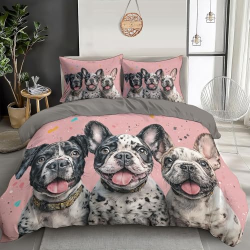 MULERN Bettwäsche Tierillustration Kinder, Bettbezug (135x200cm) mit 2 Kissenbezügen 80X80Cm, Wendbares Design Pflegeleicht und Waschbar - Niedliche Gefleckte Hunde- Bettwäsche-Set