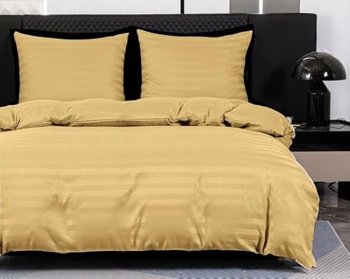 TEXTILOVE Bettwäsche 3-teilig Set 160x200 cm Gold Gestreift aus Damast Mikrofaser Elegant Aesthetic Hotelbettwäsche 1 Bettbezug und 2 Kissenbezüge 70x80 cm Oeko-TEX 100