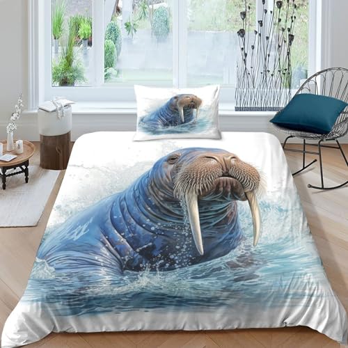 JALYKA Walross 3D-gedrucktes Bettwäsche 3 Teilig Bettbezug Set Mit Kissenbezug Soft Microfaser Luxus Modern Mit Reißverschluss Für Erwachsene Und Kinder Single?135x200cm?