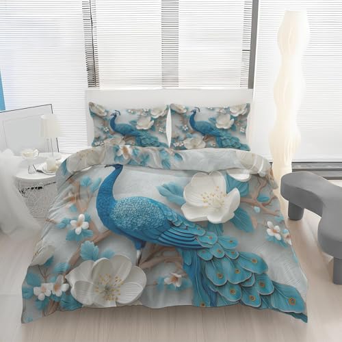 Generisch Türkis Pfau Bettwäsche 140x200 Tier Vogel Weiß Blumenmuster Bettbezug + 1 Kissenbezüge 70x90 2 Teilig Bettwäsche-Sets mit Reißverschluss, Mikrofaser Bettdeckenbezug Weich Bügelfrei D8l220