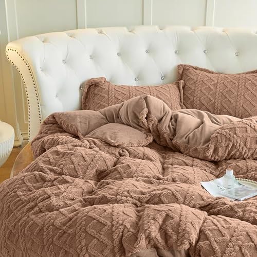 Nayoroom Bettwäsche Flanell 200x220 Winter Warme Kuschel Bettbezug Flauschig Fleece Cashmere Touch Plüsch Winterbettwäsche Set mit Reißverschluss - 200 x 220 + 2 x 80 x 80 cm Braun