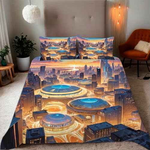 Zbeiba Zukunftsstadt mit einem Hauch von TechnologieBettwäsche 135x200,Kinder Mikrofaser Bettbezug mit Reißverschluss und 2 Kissenbezüge(135x200+2 * 80x80,#6