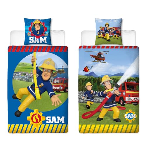 Feuerwehrmann Sam Kinder Wende-Bettwäsche 135 x 200 cm + 80 x 80 cm Alarm 100% Baumwolle Linon Fireman Tân Pontypandy Jupiter Feuerwehr Bettzeug Fire Bettbezug Bettwäsche 2 Motive deutsche Größe