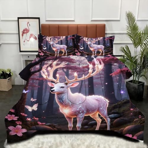 Gumntun Bettdecke 140×200 cm Weißes Tier Elch, Weiche Microfaser Bettwäsche, Nnovativ & Atmungsaktive Steppdecke für Jugendliche Erwachsene, 2 Kissenbezüge 80×80 cm_B1293