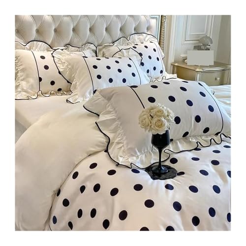 CNYUON Gewaschene Baumwolle, Schwarze Punkte, Bettwäsche-Set, Rüschen-Bettbezug, Bettlaken-Set, Kissenbezüge, 4-teilig(King 220X240cm 4Pcs)