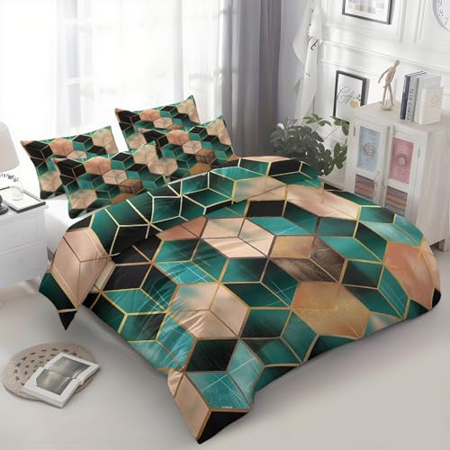 XCQHZYQ Bettwäsche-Sets 200x200 cm Geometrie 3D Cube Luxus, Erwachsene Teenager Microfaser Bettbezug Deckenbezug, Türkis Bettwäsche Set mit Reißverschluss und 2 Kissenbezug 80x80 cm