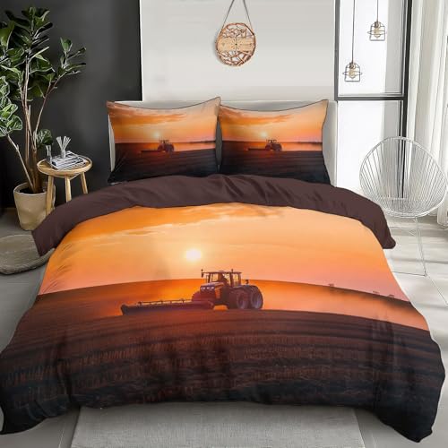 3D Bettwäsche Orange-Rot Sonnenuntergang Traktor Bettbezug Set 200X220Cm + Kissenbezug Gelb Mikrofaser Wendebettwäsche 3 Teilig Mit Reißveschluss Sonnenuntergang Ackerland Liebhaber Wohnkultur