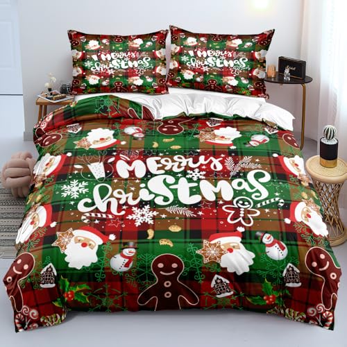 Luowei Weihnachten Bettwäsche 135x200 Weihnachts Grün Rot 3D Bettwäsche Weihnachten Weich Christmas Bettbezug Set 2teilig für Jugendliche Kinder Geschenke mit Reißverschluss und 80x80 cm Kissenbezug