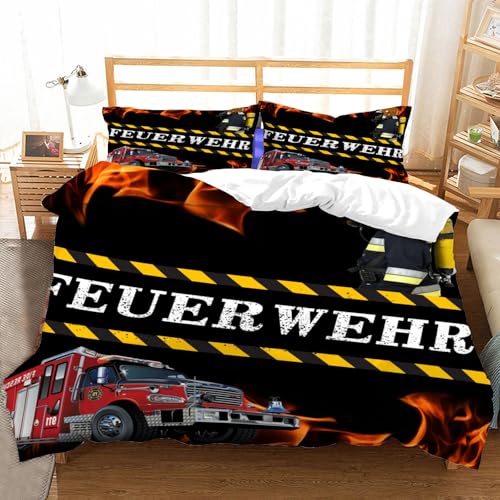 Hongduo 3D Feuerwehrauto Fahrzeug Muster Bettwäsche 155x220 cm Weich Mikrofaser Feuerwehr Bettwäsche-Set mit Reißverschluss 3 Teilig Bettbezug Set mit 2 Kissenbezug 80x80 cm