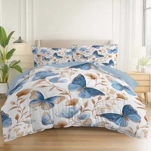 Generisch Bettbezug Aquarell Schmetterling Ranken Thema Atmungsaktiver Stoff, Hellblau Doppelseitig Bettwäsche-Sets mit Reißverschluss Bügelfrei Weich, 135 x 200 cm Mikrofaser Bettbezug